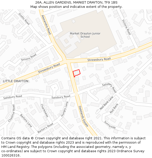 26A, ALLEN GARDENS, MARKET DRAYTON, TF9 1BS: Location map and indicative extent of plot