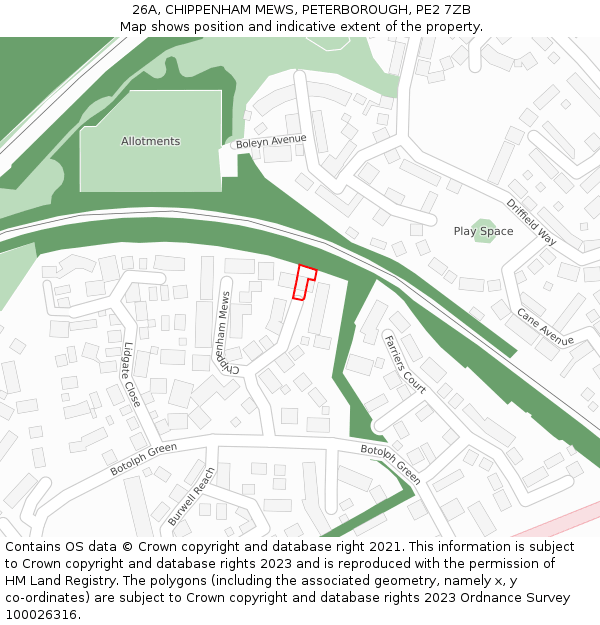 26A, CHIPPENHAM MEWS, PETERBOROUGH, PE2 7ZB: Location map and indicative extent of plot