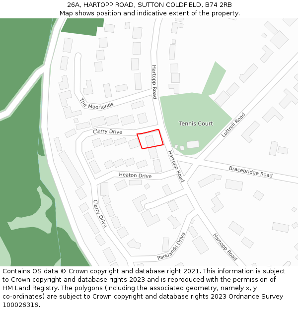 26A, HARTOPP ROAD, SUTTON COLDFIELD, B74 2RB: Location map and indicative extent of plot