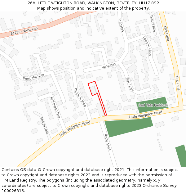 26A, LITTLE WEIGHTON ROAD, WALKINGTON, BEVERLEY, HU17 8SP: Location map and indicative extent of plot