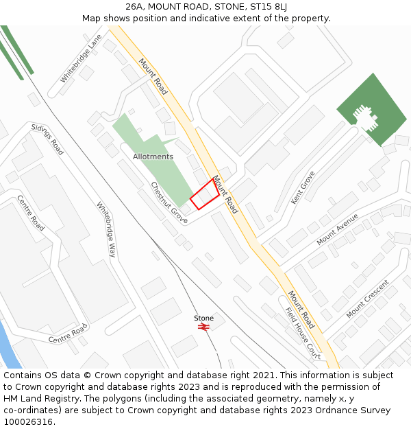26A, MOUNT ROAD, STONE, ST15 8LJ: Location map and indicative extent of plot