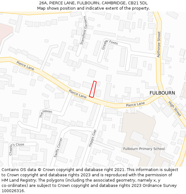 26A, PIERCE LANE, FULBOURN, CAMBRIDGE, CB21 5DL: Location map and indicative extent of plot