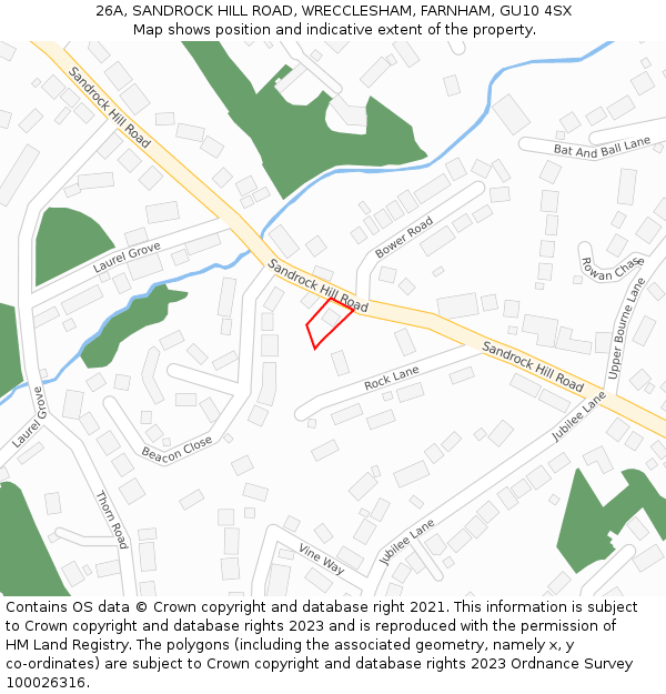 26A, SANDROCK HILL ROAD, WRECCLESHAM, FARNHAM, GU10 4SX: Location map and indicative extent of plot