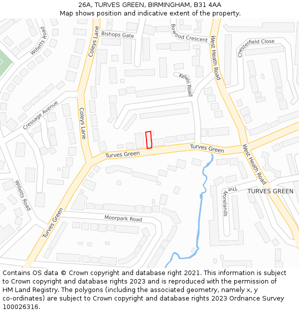 26A, TURVES GREEN, BIRMINGHAM, B31 4AA: Location map and indicative extent of plot