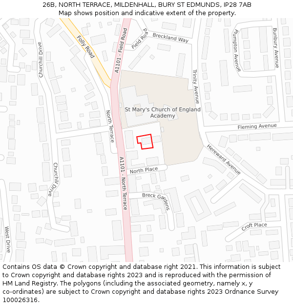 26B, NORTH TERRACE, MILDENHALL, BURY ST EDMUNDS, IP28 7AB: Location map and indicative extent of plot