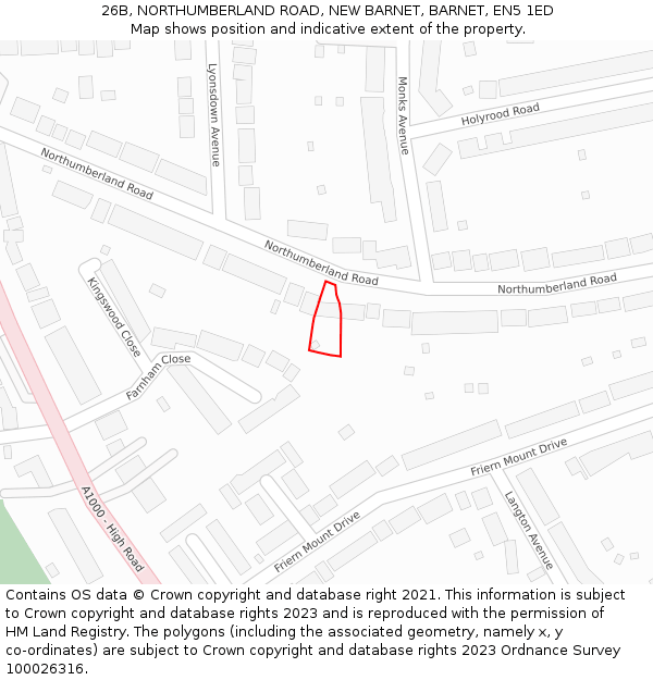 26B, NORTHUMBERLAND ROAD, NEW BARNET, BARNET, EN5 1ED: Location map and indicative extent of plot