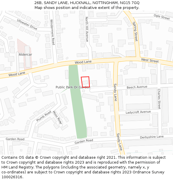 26B, SANDY LANE, HUCKNALL, NOTTINGHAM, NG15 7GQ: Location map and indicative extent of plot