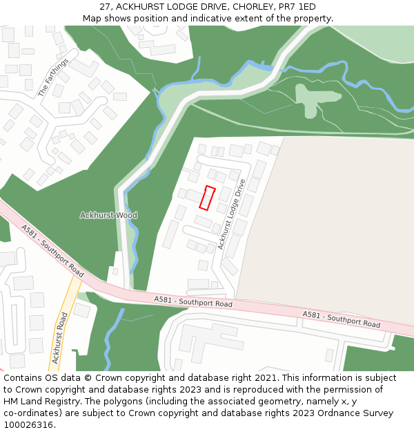 27, ACKHURST LODGE DRIVE, CHORLEY, PR7 1ED: Location map and indicative extent of plot