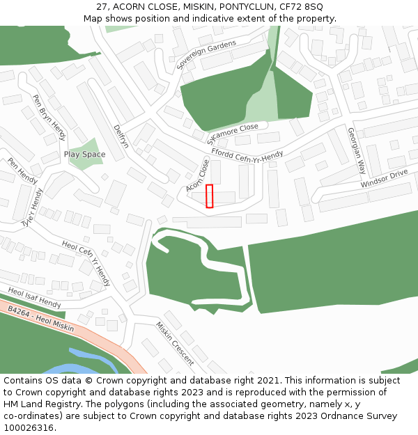 27, ACORN CLOSE, MISKIN, PONTYCLUN, CF72 8SQ: Location map and indicative extent of plot