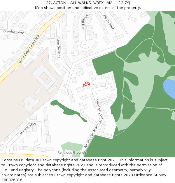 27, ACTON HALL WALKS, WREXHAM, LL12 7YJ: Location map and indicative extent of plot