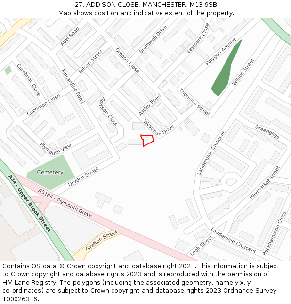 27, ADDISON CLOSE, MANCHESTER, M13 9SB: Location map and indicative extent of plot