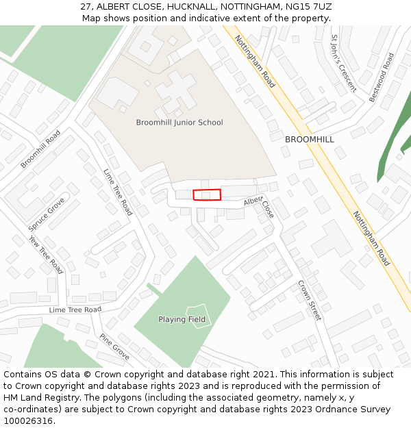 27, ALBERT CLOSE, HUCKNALL, NOTTINGHAM, NG15 7UZ: Location map and indicative extent of plot