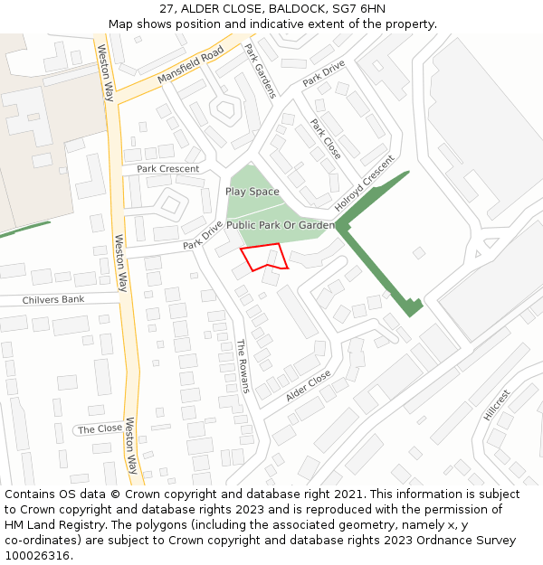 27, ALDER CLOSE, BALDOCK, SG7 6HN: Location map and indicative extent of plot