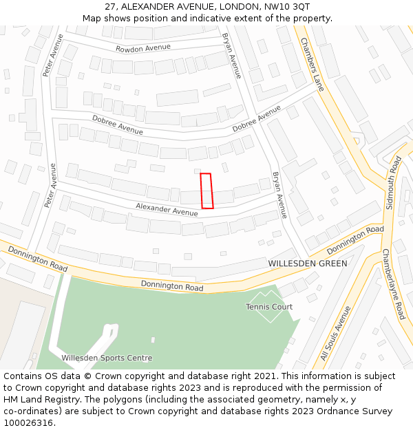 27, ALEXANDER AVENUE, LONDON, NW10 3QT: Location map and indicative extent of plot