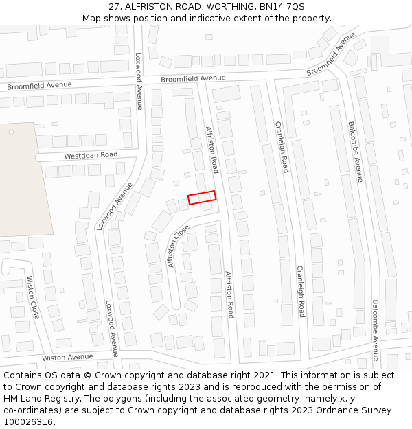 27, ALFRISTON ROAD, WORTHING, BN14 7QS: Location map and indicative extent of plot