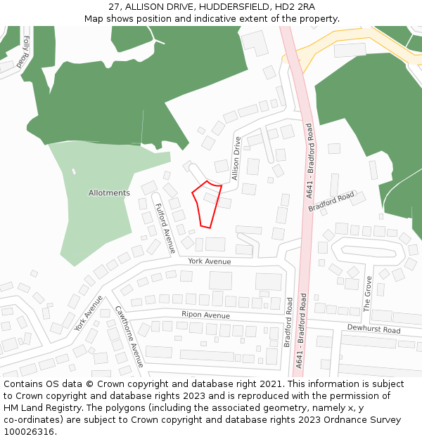 27, ALLISON DRIVE, HUDDERSFIELD, HD2 2RA: Location map and indicative extent of plot