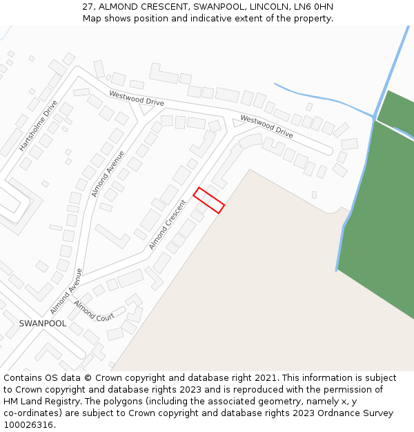 27, ALMOND CRESCENT, SWANPOOL, LINCOLN, LN6 0HN: Location map and indicative extent of plot