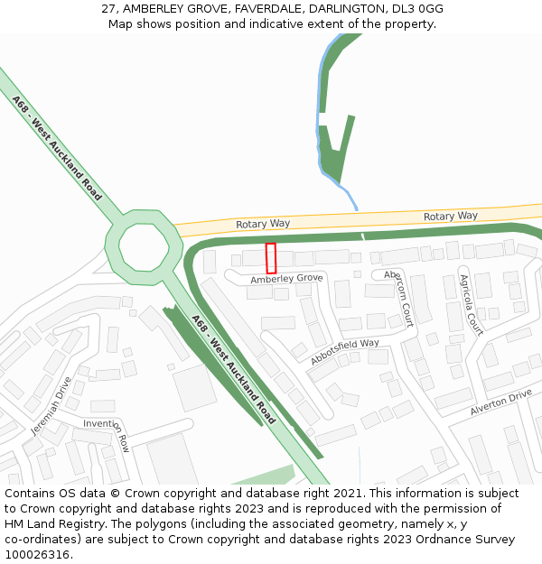27, AMBERLEY GROVE, FAVERDALE, DARLINGTON, DL3 0GG: Location map and indicative extent of plot