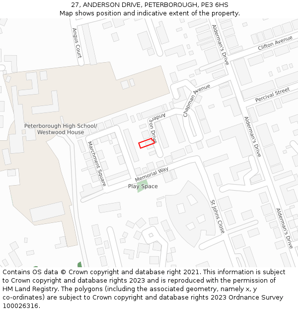 27, ANDERSON DRIVE, PETERBOROUGH, PE3 6HS: Location map and indicative extent of plot