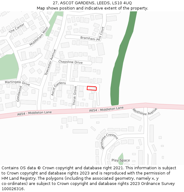 27, ASCOT GARDENS, LEEDS, LS10 4UQ: Location map and indicative extent of plot