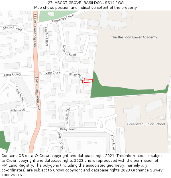 27, ASCOT GROVE, BASILDON, SS14 1GG: Location map and indicative extent of plot