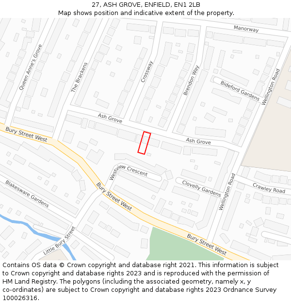 27, ASH GROVE, ENFIELD, EN1 2LB: Location map and indicative extent of plot