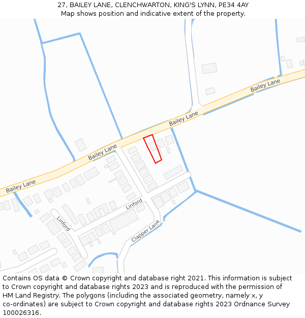 27, BAILEY LANE, CLENCHWARTON, KING'S LYNN, PE34 4AY: Location map and indicative extent of plot