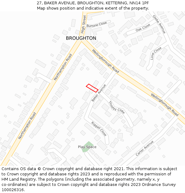 27, BAKER AVENUE, BROUGHTON, KETTERING, NN14 1PF: Location map and indicative extent of plot