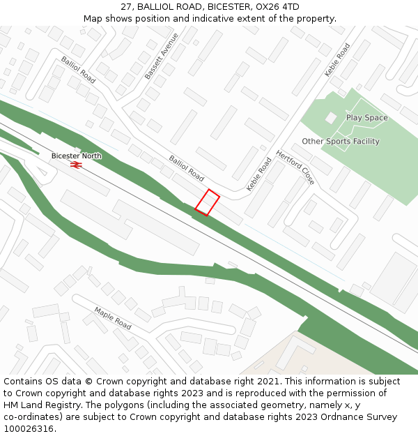 27, BALLIOL ROAD, BICESTER, OX26 4TD: Location map and indicative extent of plot