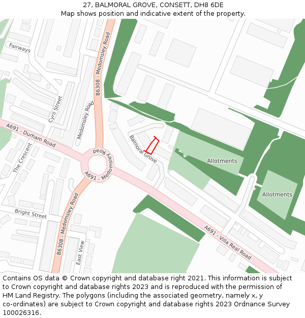 27, BALMORAL GROVE, CONSETT, DH8 6DE: Location map and indicative extent of plot