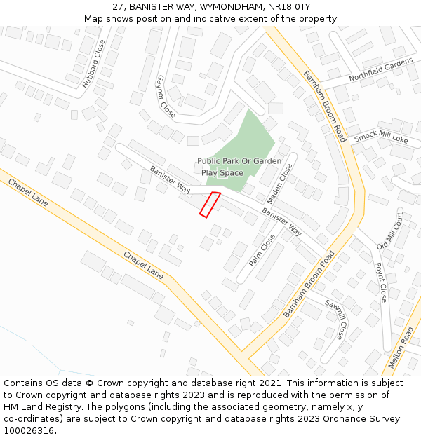 27, BANISTER WAY, WYMONDHAM, NR18 0TY: Location map and indicative extent of plot