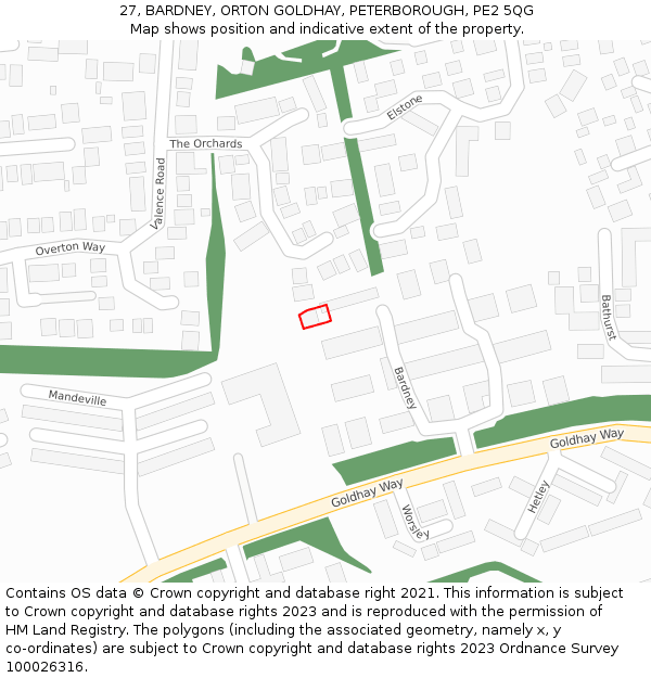 27, BARDNEY, ORTON GOLDHAY, PETERBOROUGH, PE2 5QG: Location map and indicative extent of plot