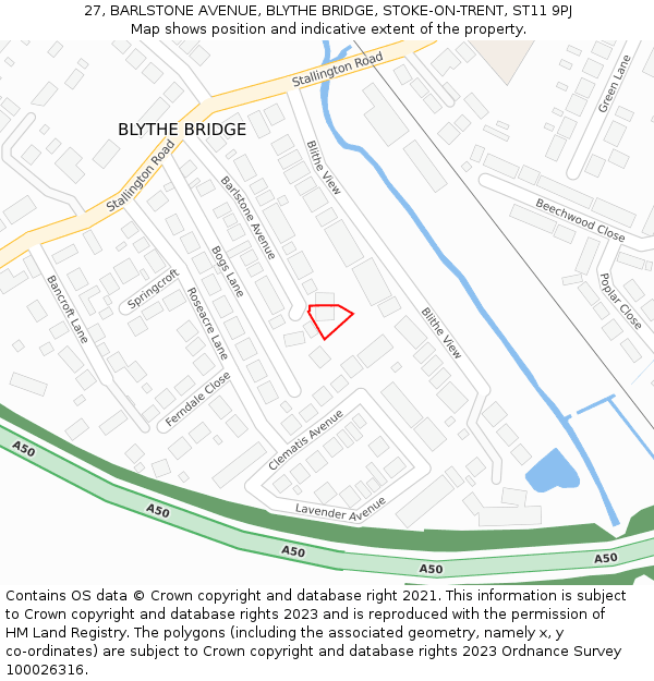 27, BARLSTONE AVENUE, BLYTHE BRIDGE, STOKE-ON-TRENT, ST11 9PJ: Location map and indicative extent of plot