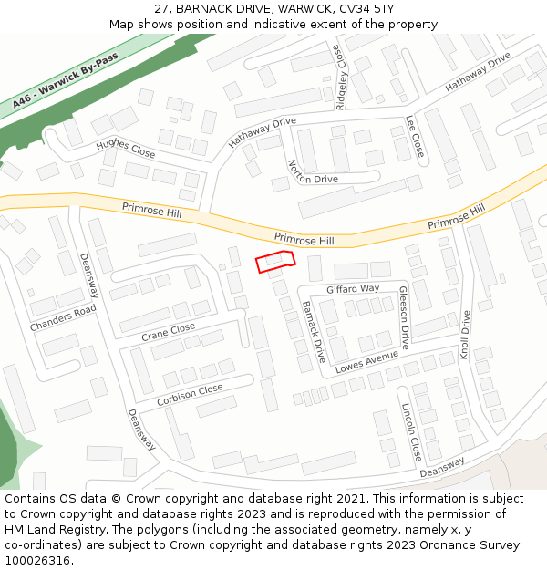 27, BARNACK DRIVE, WARWICK, CV34 5TY: Location map and indicative extent of plot