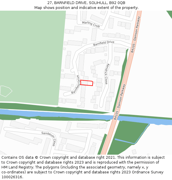 27, BARNFIELD DRIVE, SOLIHULL, B92 0QB: Location map and indicative extent of plot