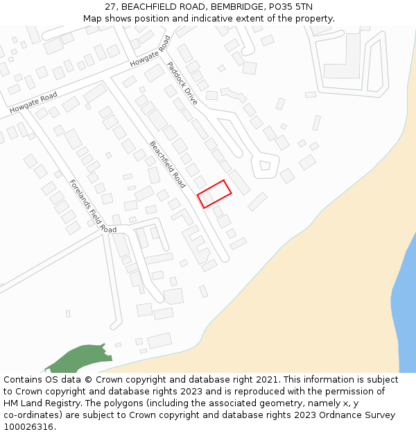 27, BEACHFIELD ROAD, BEMBRIDGE, PO35 5TN: Location map and indicative extent of plot