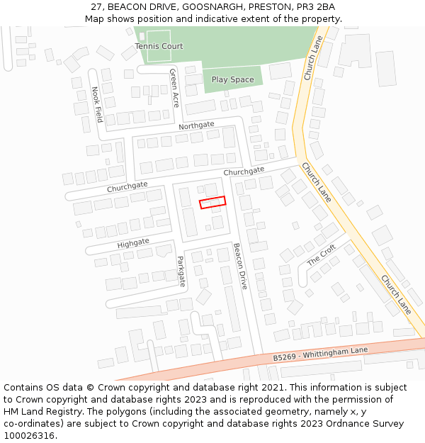 27, BEACON DRIVE, GOOSNARGH, PRESTON, PR3 2BA: Location map and indicative extent of plot