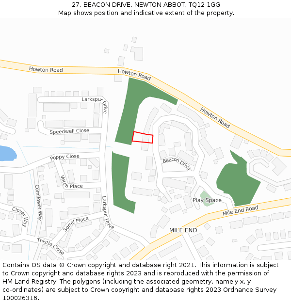 27, BEACON DRIVE, NEWTON ABBOT, TQ12 1GG: Location map and indicative extent of plot
