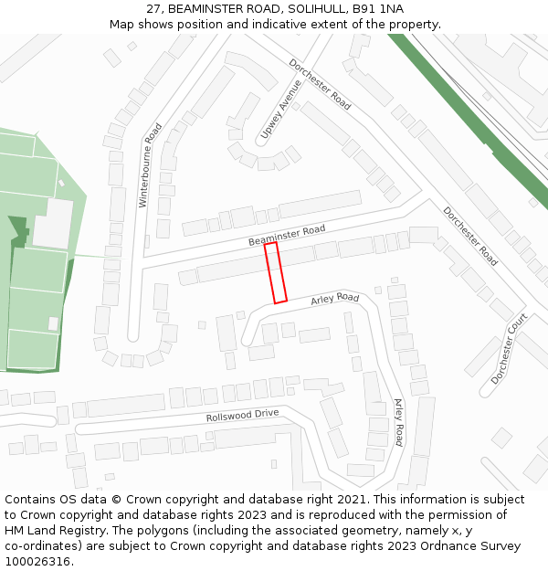 27, BEAMINSTER ROAD, SOLIHULL, B91 1NA: Location map and indicative extent of plot
