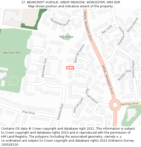 27, BEARCROFT AVENUE, GREAT MEADOW, WORCESTER, WR4 0DR: Location map and indicative extent of plot