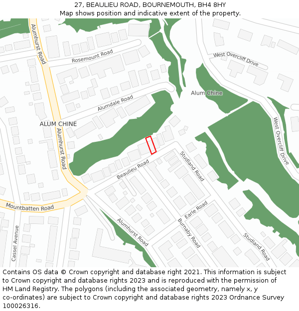 27, BEAULIEU ROAD, BOURNEMOUTH, BH4 8HY: Location map and indicative extent of plot