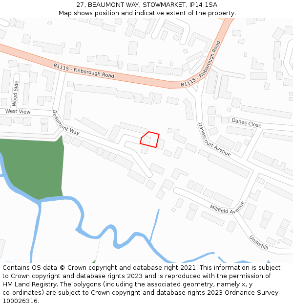 27, BEAUMONT WAY, STOWMARKET, IP14 1SA: Location map and indicative extent of plot