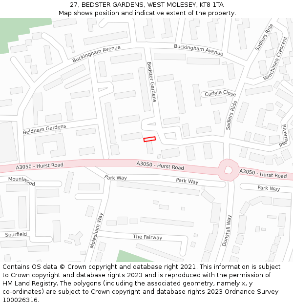 27, BEDSTER GARDENS, WEST MOLESEY, KT8 1TA: Location map and indicative extent of plot