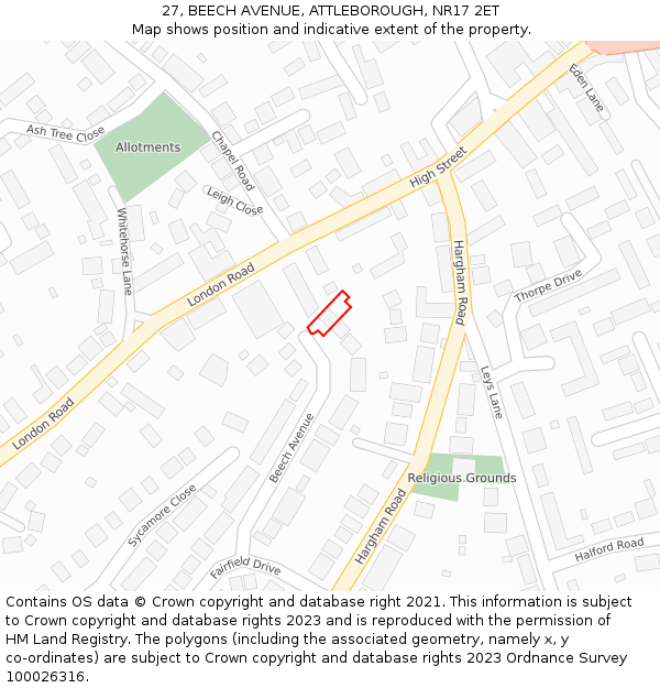 27, BEECH AVENUE, ATTLEBOROUGH, NR17 2ET: Location map and indicative extent of plot