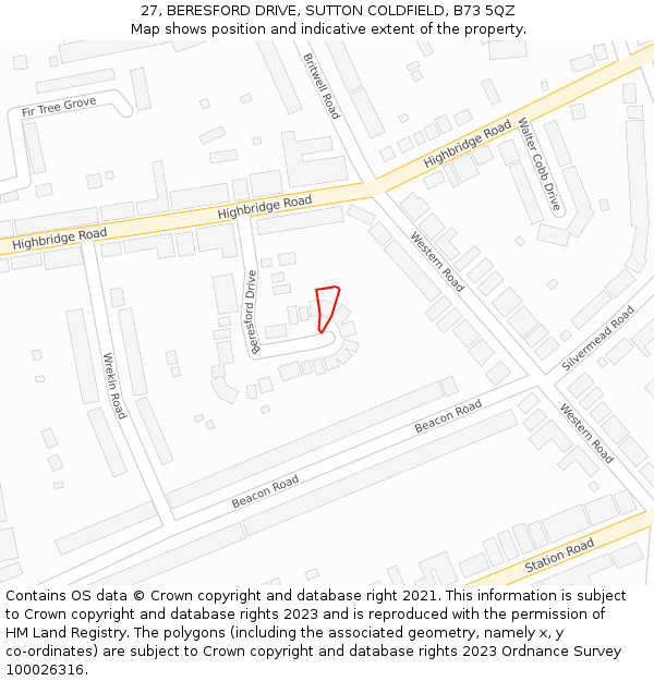 27, BERESFORD DRIVE, SUTTON COLDFIELD, B73 5QZ: Location map and indicative extent of plot