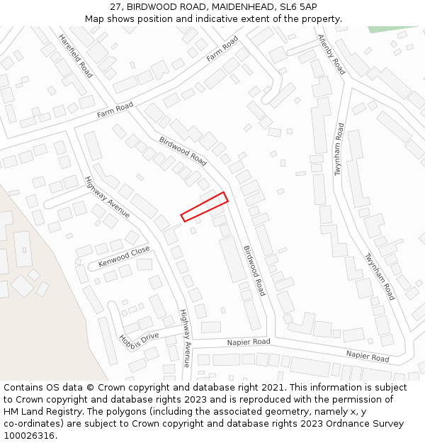 27, BIRDWOOD ROAD, MAIDENHEAD, SL6 5AP: Location map and indicative extent of plot