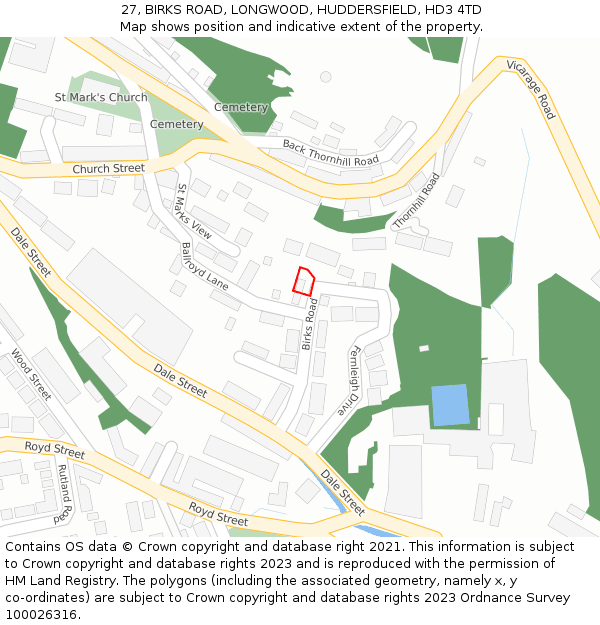 27, BIRKS ROAD, LONGWOOD, HUDDERSFIELD, HD3 4TD: Location map and indicative extent of plot