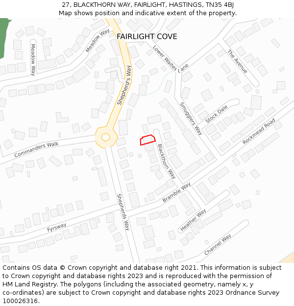 27, BLACKTHORN WAY, FAIRLIGHT, HASTINGS, TN35 4BJ: Location map and indicative extent of plot