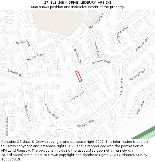 27, BLENHEIM DRIVE, LEDBURY, HR8 2XE: Location map and indicative extent of plot