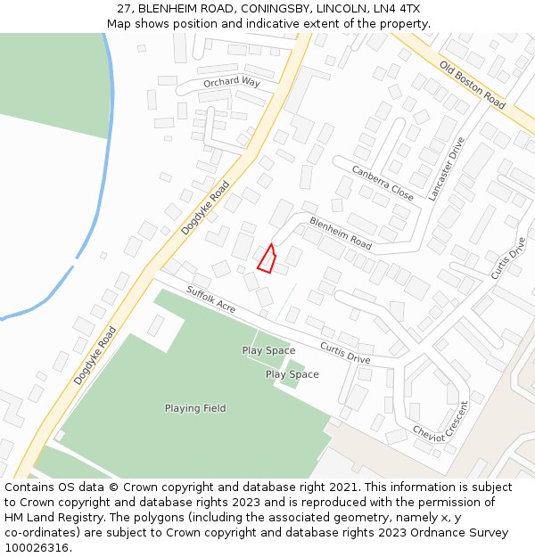 27, BLENHEIM ROAD, CONINGSBY, LINCOLN, LN4 4TX: Location map and indicative extent of plot